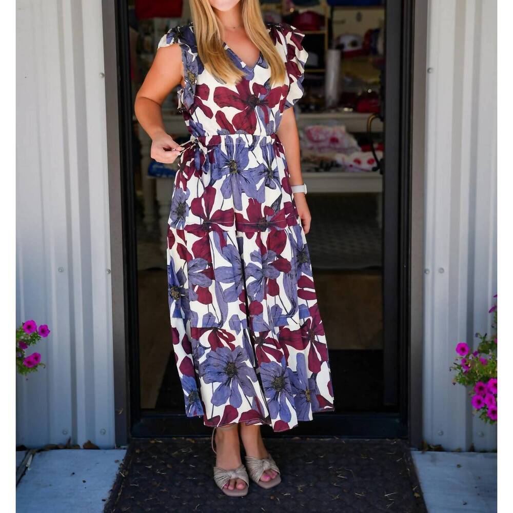 NEW DOE AND RAE floral satin ruffle tiered midi dress in blue grey